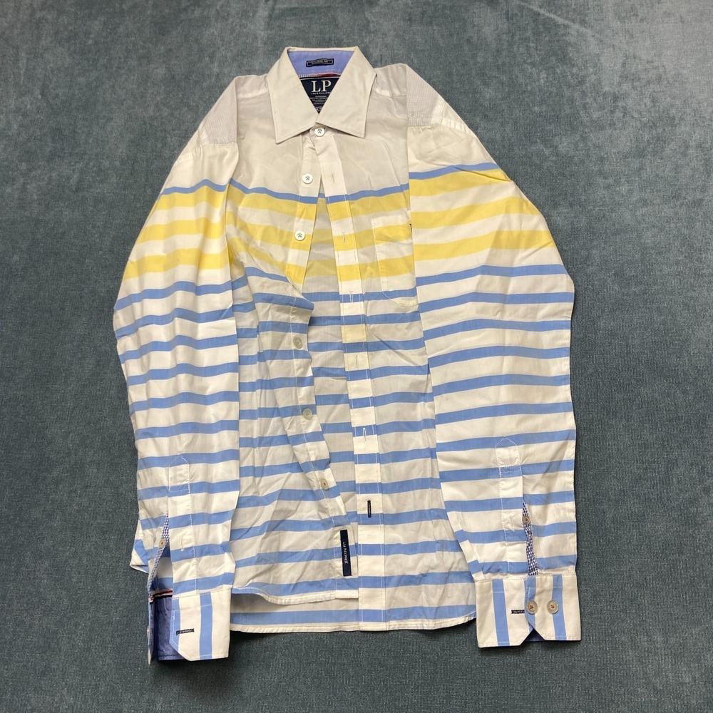 Louis Philippe Shirt Men 39 CM White Blue Yellow Stripe Long Sleeve Tailored Fit